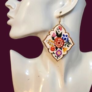 PLUNDER Large Floral Enamel Coquette  Statement Dangle Hook Earrings